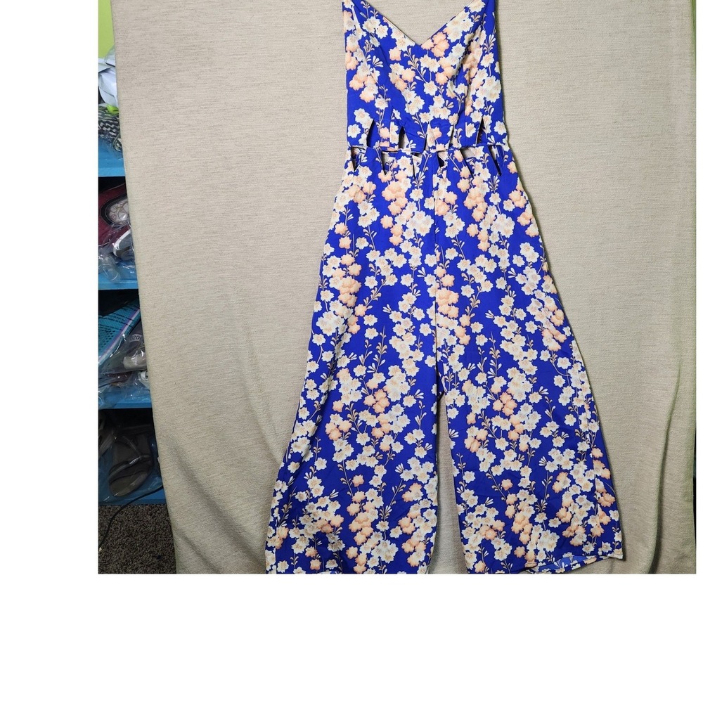 ASOS Blue Floral Cutout Waist Wide Leg Jumpsuit Womens US 4 V-Neck Cross Back